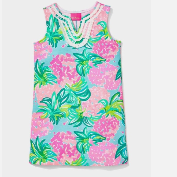 Lilly Pulitzer Girls Mini Harper Shift Dress Blue Ibiza Pineapple Print Sz 4-5 - Picture 1 of 4